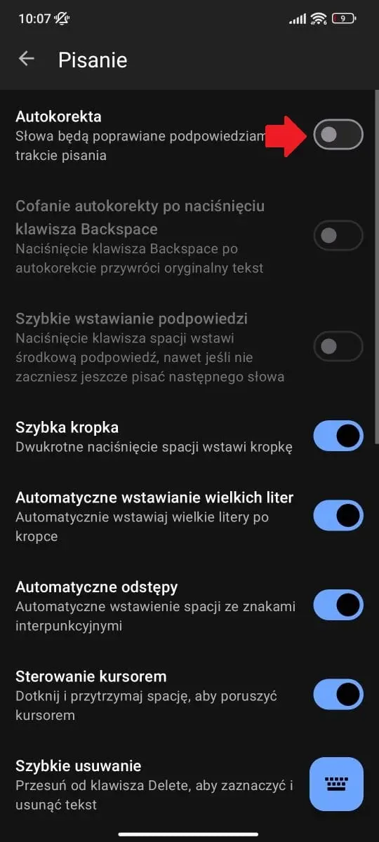 Wyłączanie autokorekty Swift Key